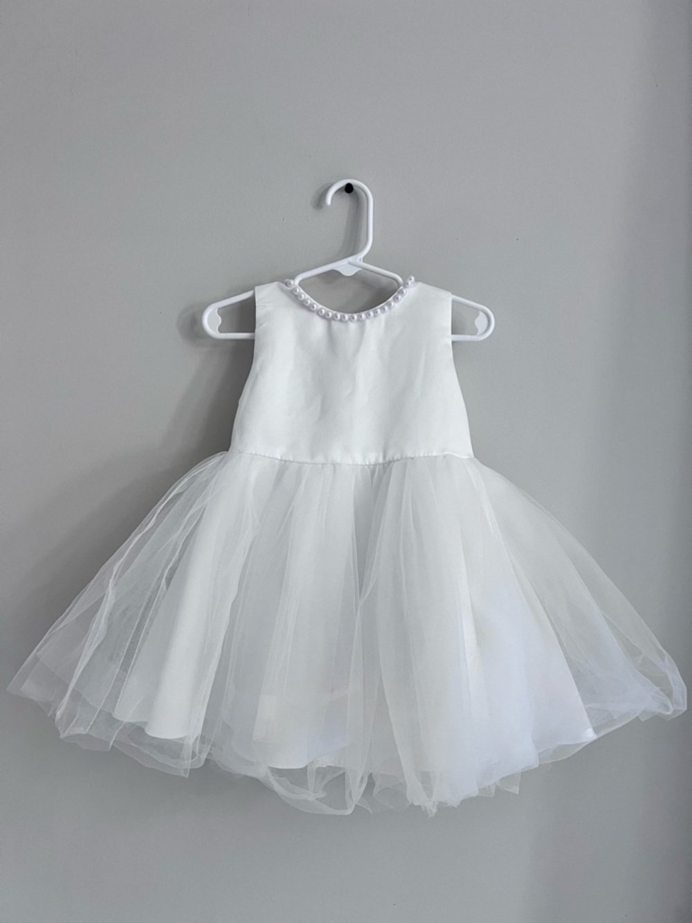 White Tulle Pearl Neckline Dress